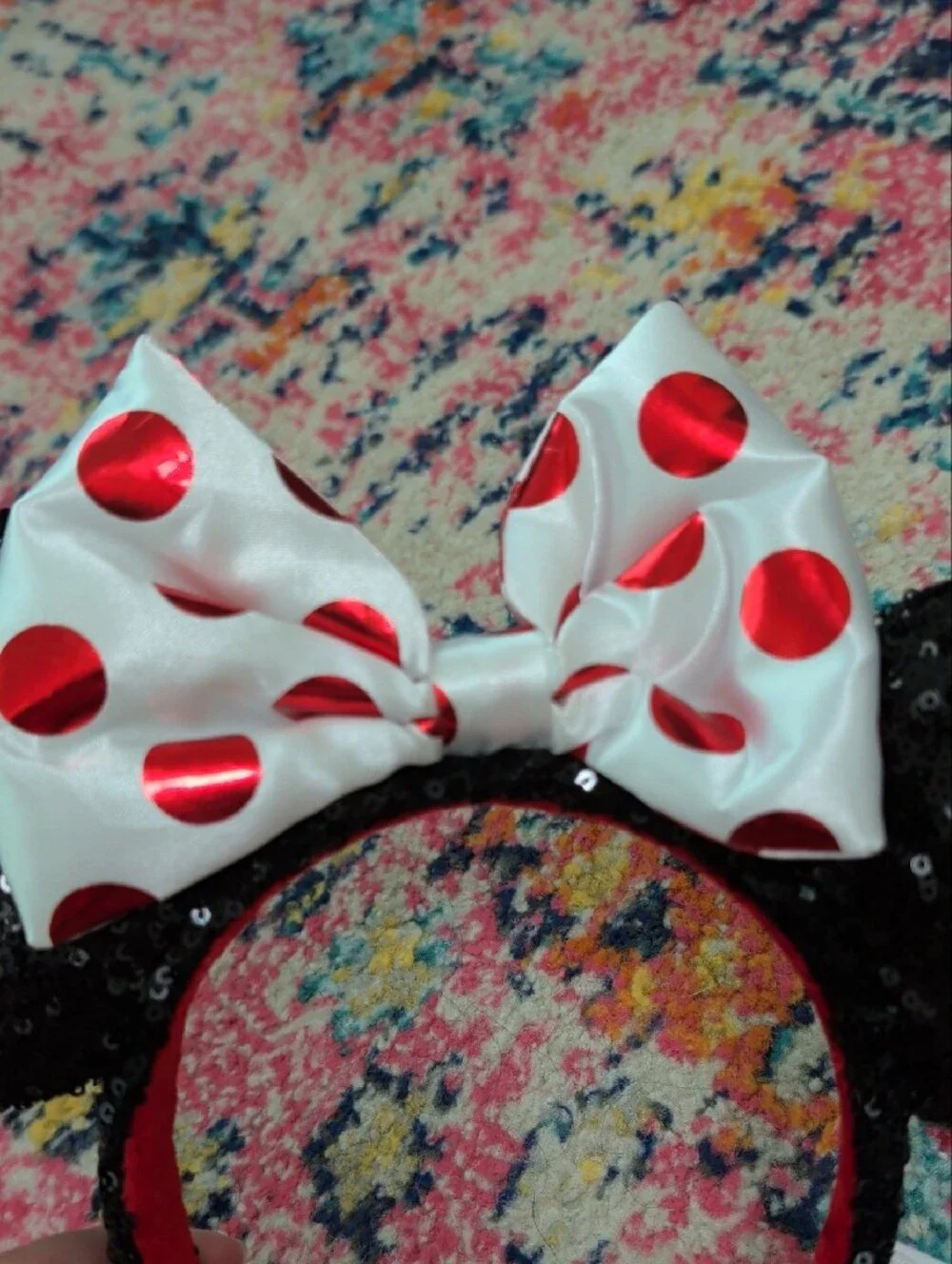 Disney Black Sequin Minnie Ear Headband with White Bow and Red Polka Dots